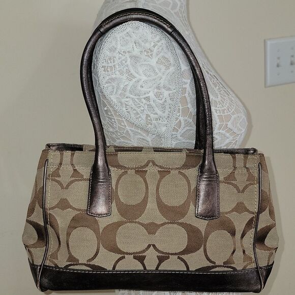 Vtg Coach Signature Shoulder Tote Purse Pockets Pouches Twist Lock Blue Interior - Picture 3 of 16